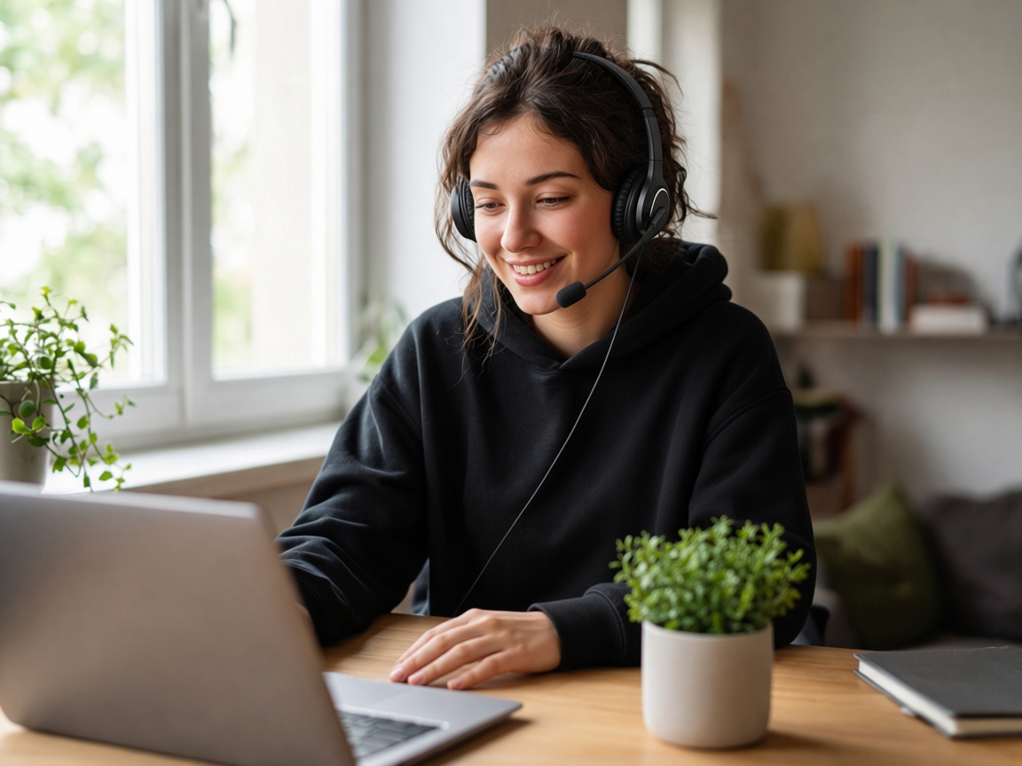 Studierende mit Headset telefoniert im Homeoffice am Schreibtisch.