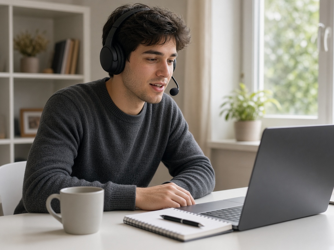 Student mit Headset telefoniert am Laptop im Homeoffice.